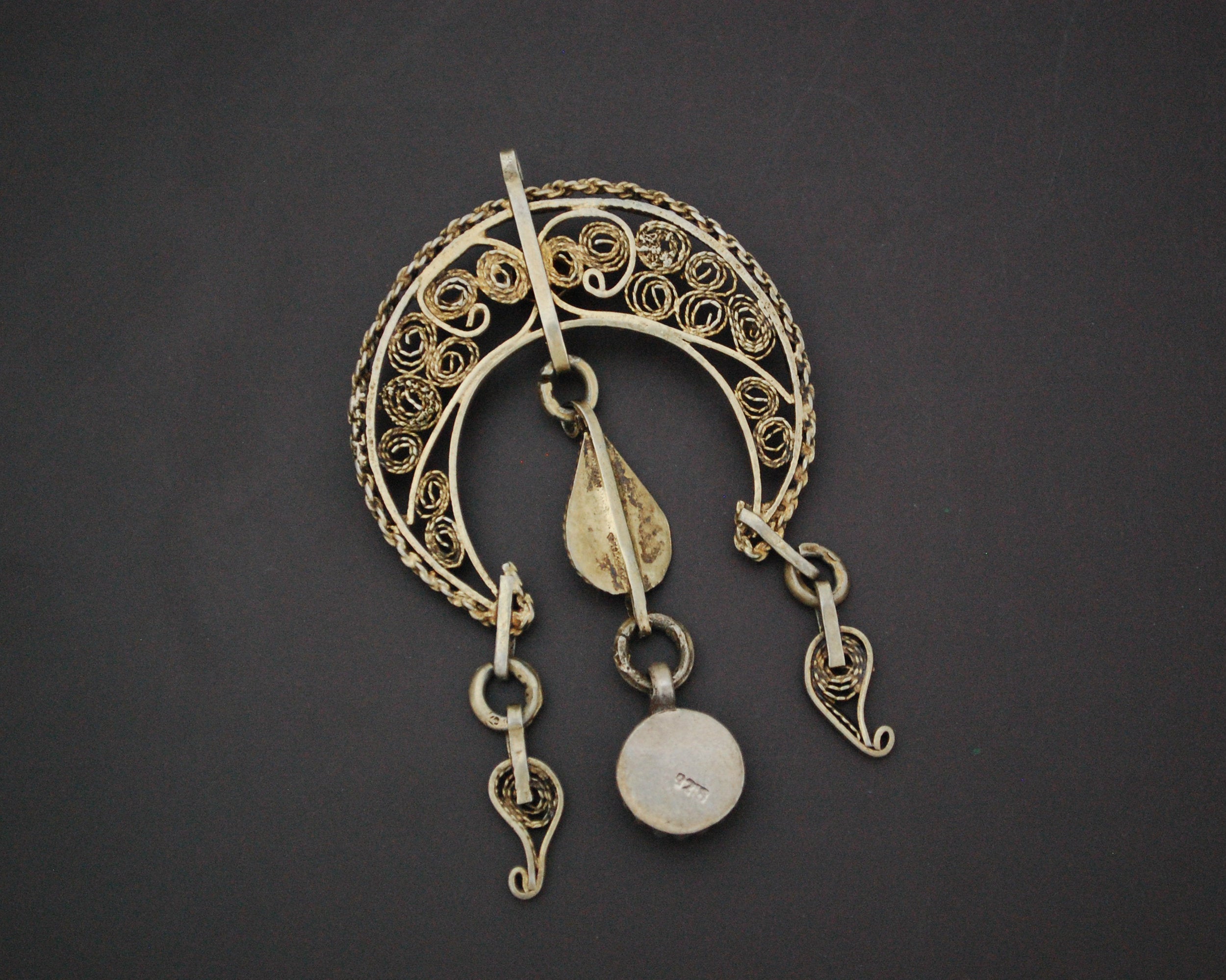 Tunisian Gilded Filigree Crescent Pendant with Red Glass