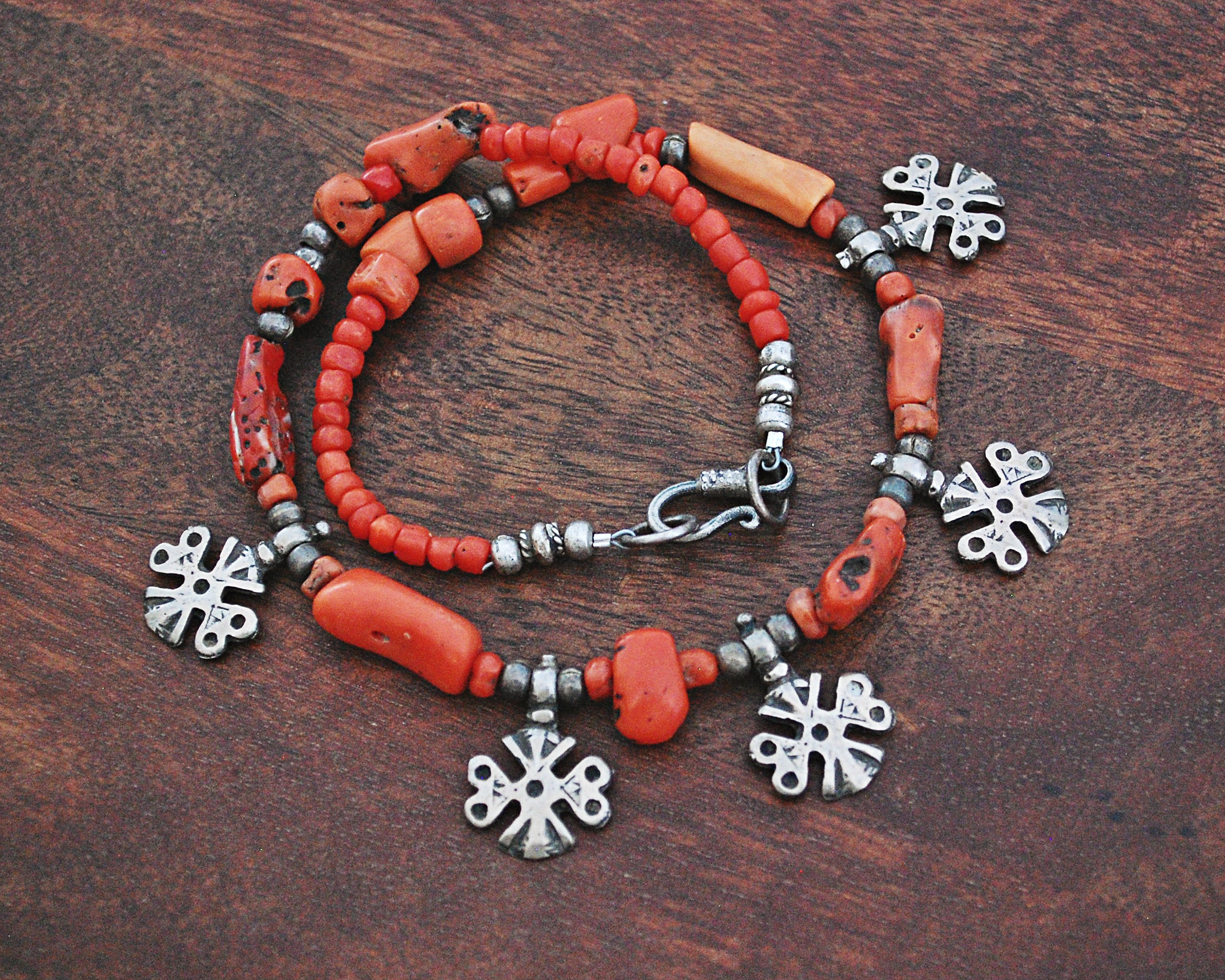 Berber Charms Coral Necklace with Silver Beads