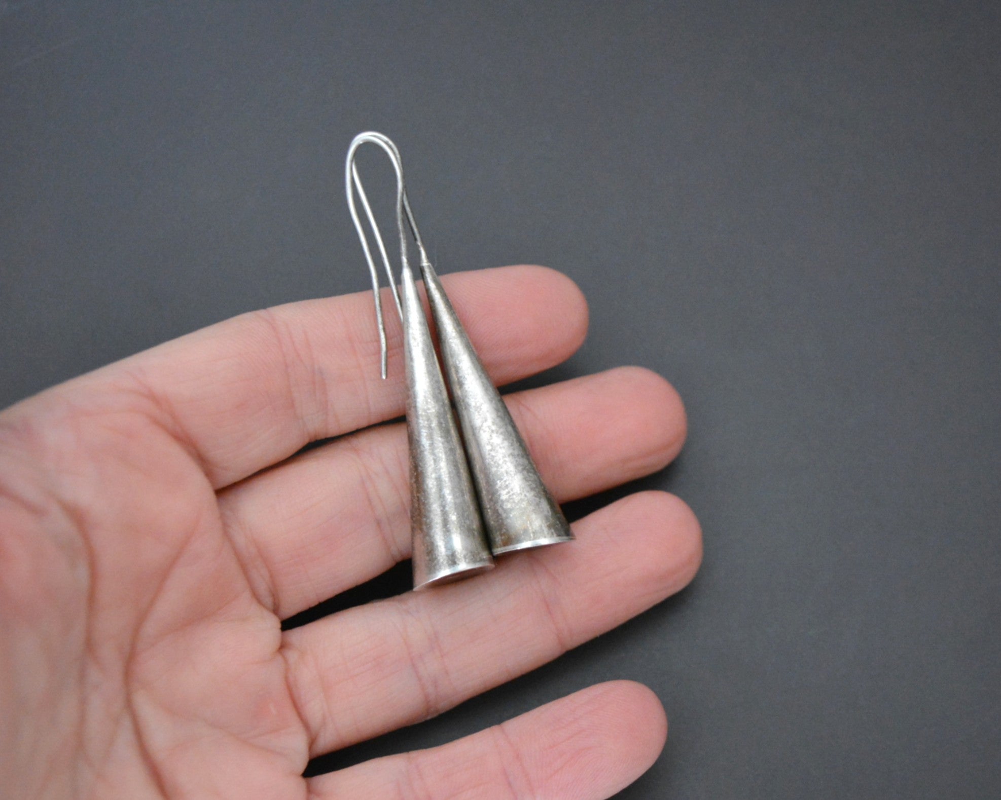 Reserved for E. - Ethnic Silver Cone Dangle Earrings