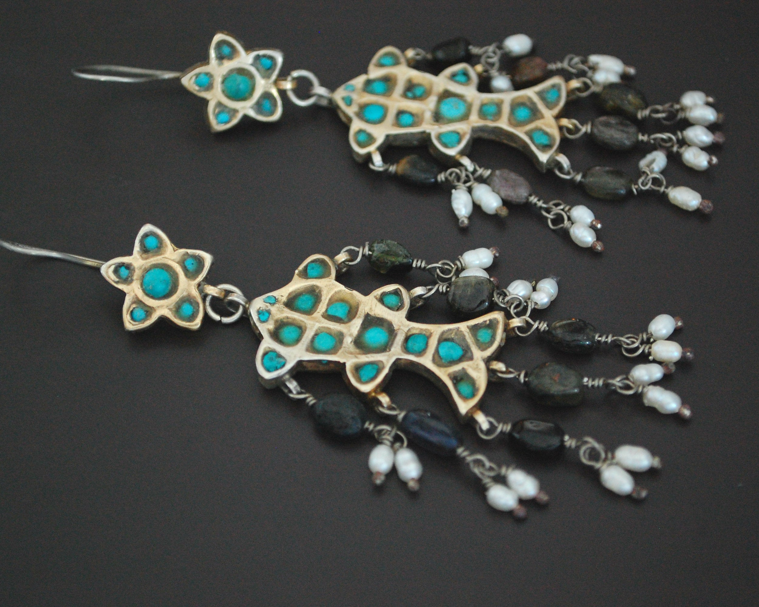 Long Uzbek Gilded Turquoise Pearl Earrings