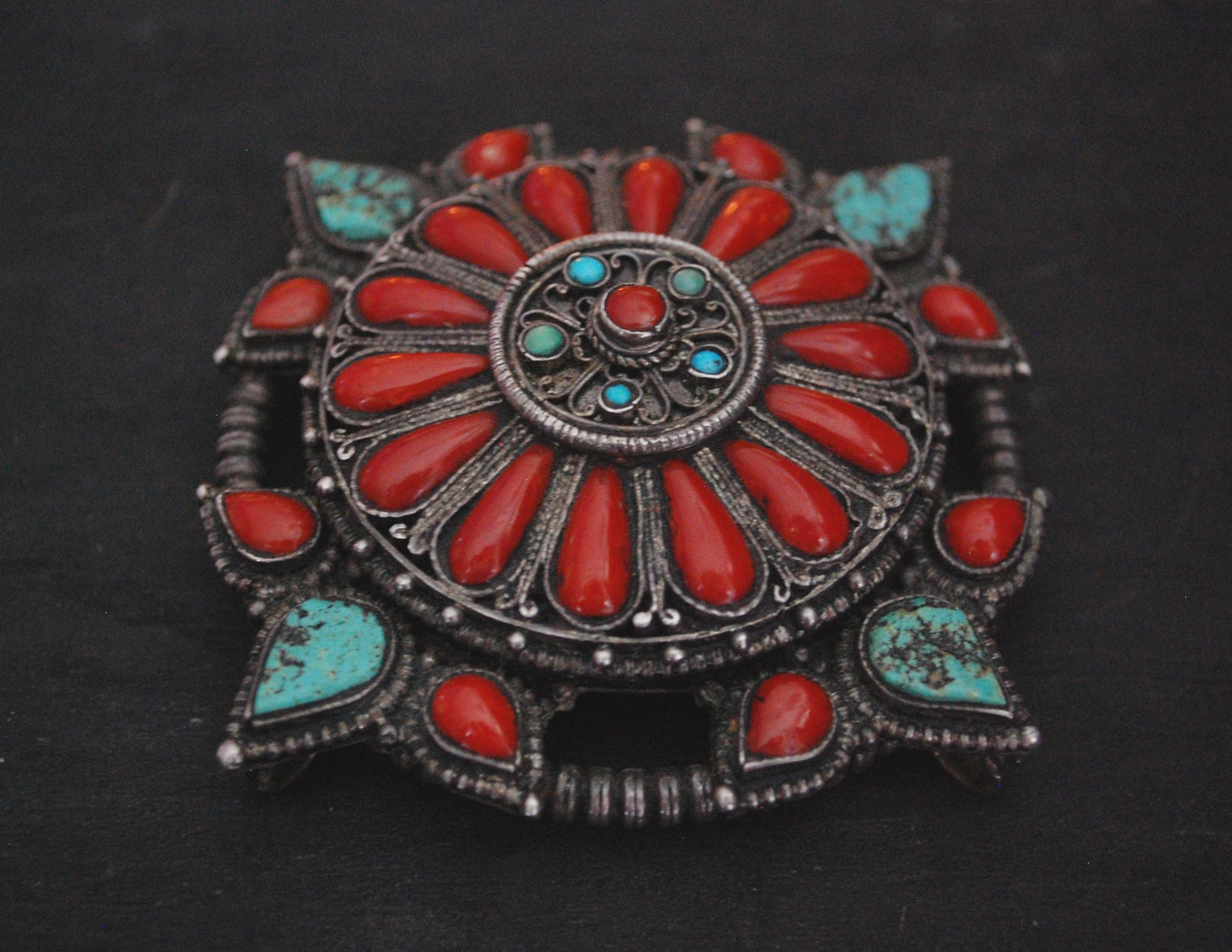 Antique Tibetan Coral and Turquoise Belt Buckle or Pendant