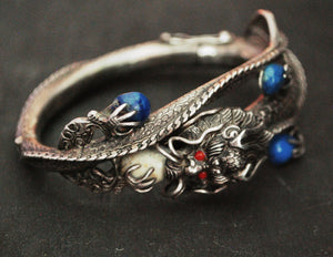 Fabulous Nepali Hinged Dragon Bracelet with Lapis Lazuli, Coral and Turquoise
