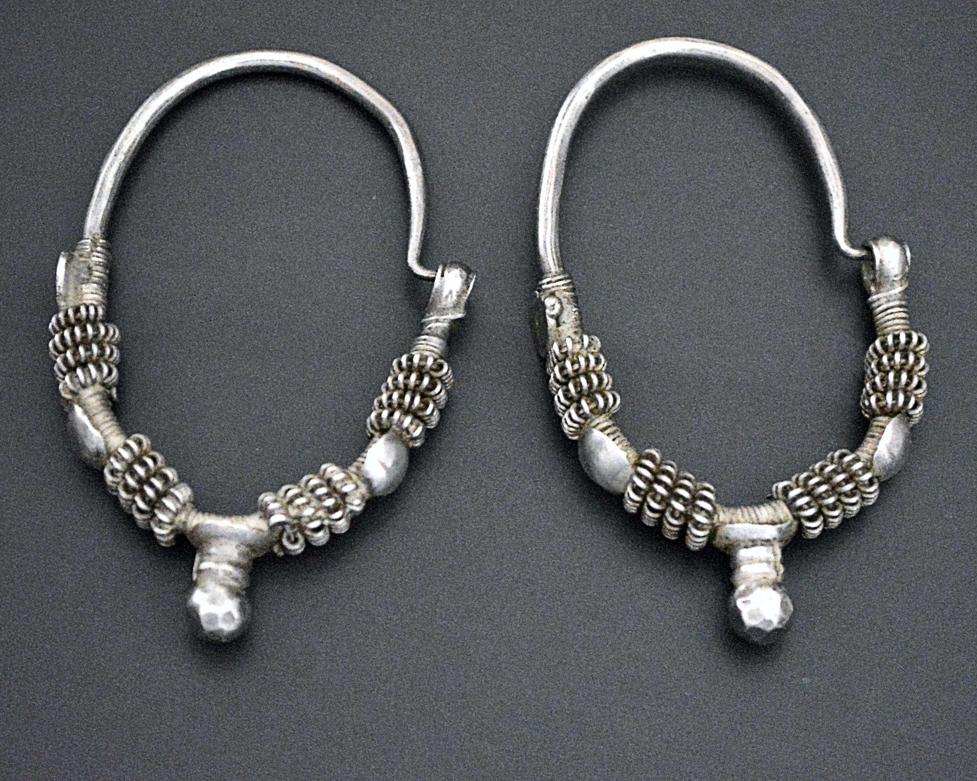 Old Large Gujarati Hoop Earrings - Old Silver