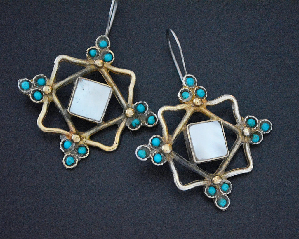Gilded Uzbek Turquoise Mother of Pearl Earrings