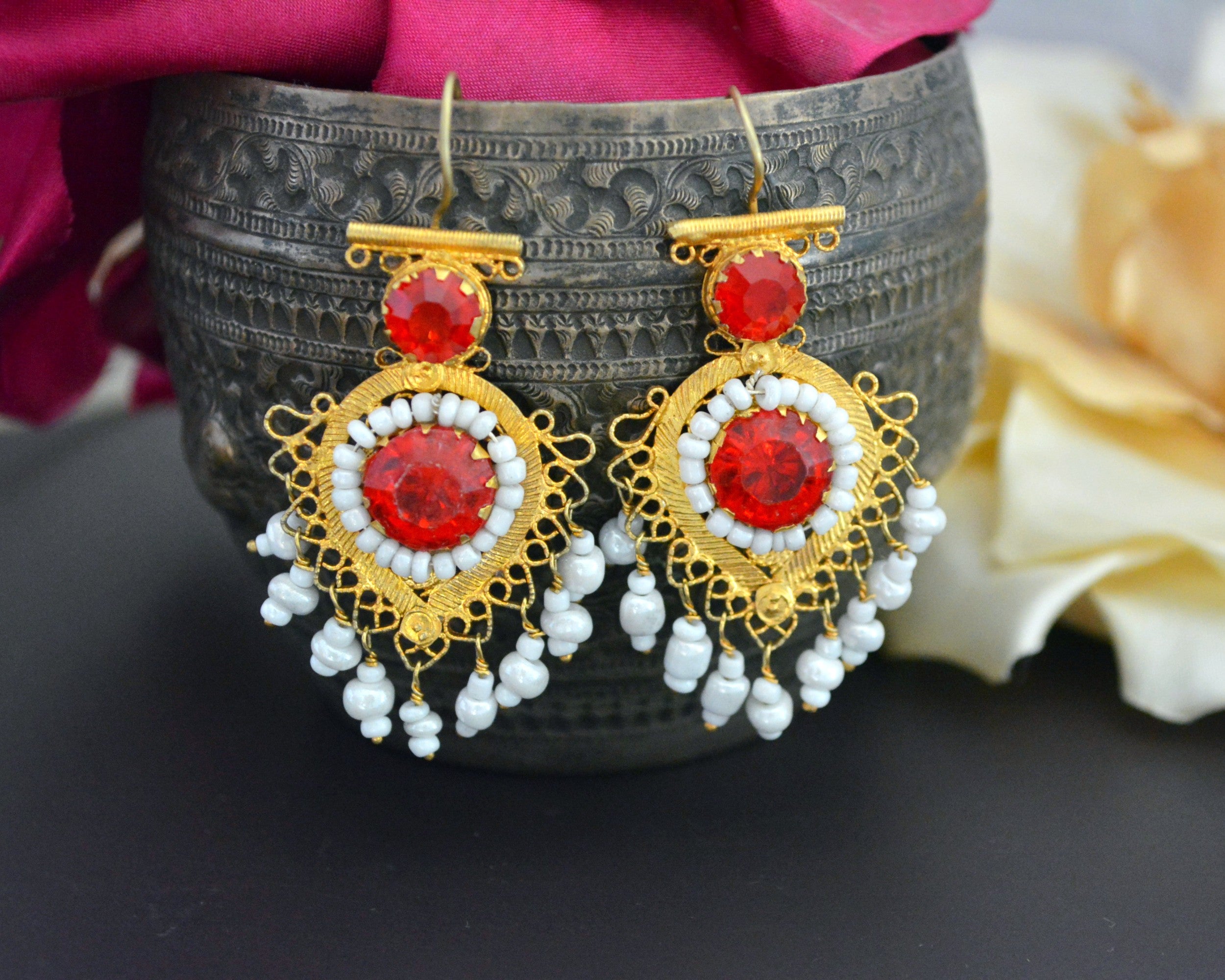 Gilded Uzbek Pearl Glass Earrings