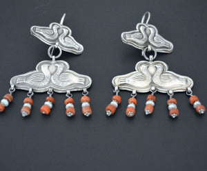 Long Uzbek Coral Earrings with Bird
