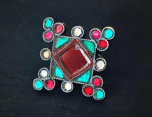 Afghani Silver Ring with Red Glass - Size 6.5 - Pashtun Ring