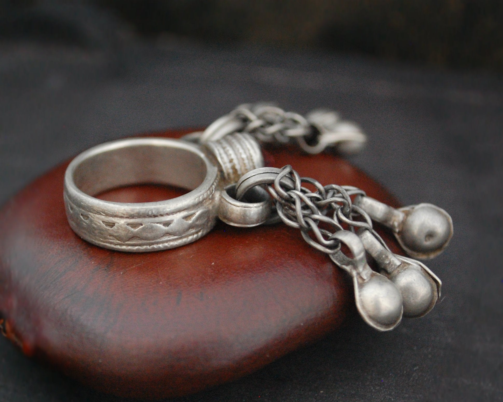 Old Afghani Glass Ring with Tassels - Size 7