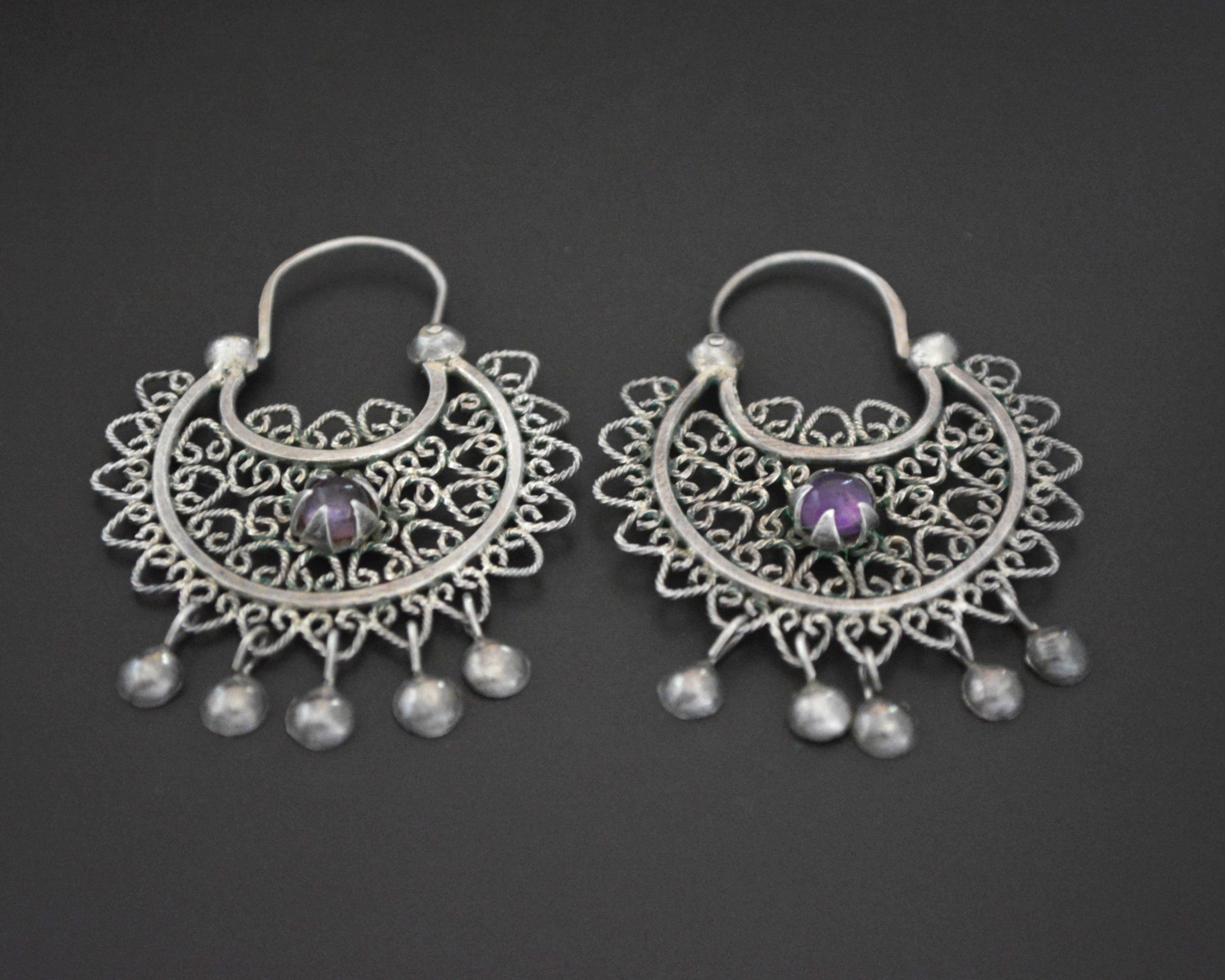 Filigree Silver Amethyst Hoop Earrings with Dangles