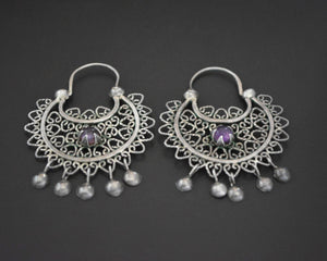 Filigree Silver Amethyst Hoop Earrings with Dangles