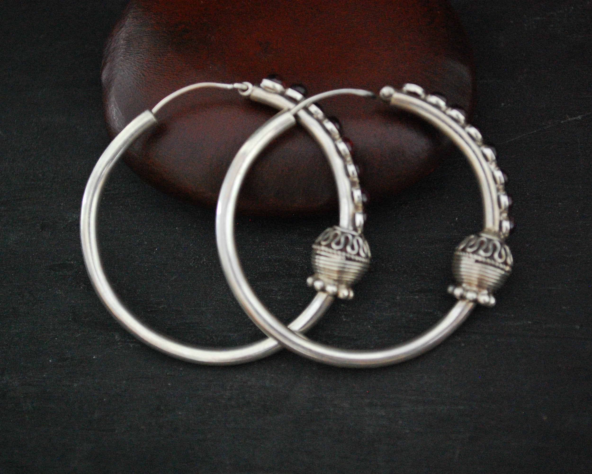 Ethnic Hoop Earrings with Garnet - LARGE