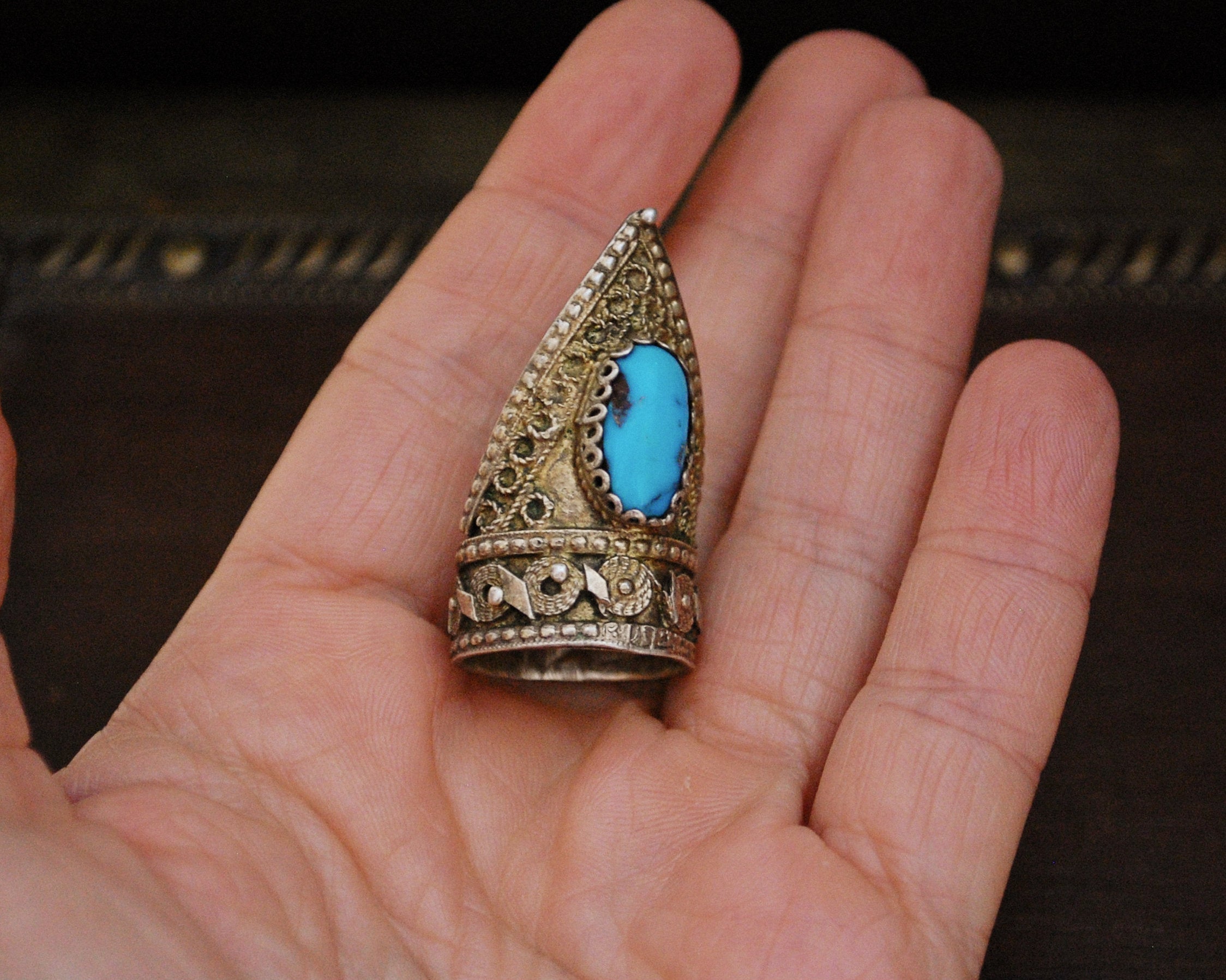 Gilded Yemeni Bedouin Ring with Turquoise - Size 6.5