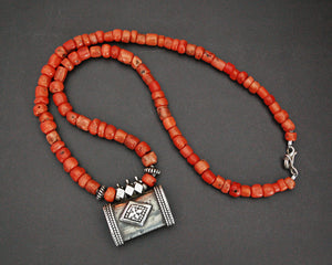 Old Yemeni Coral Silver Amulet Pendant Necklace