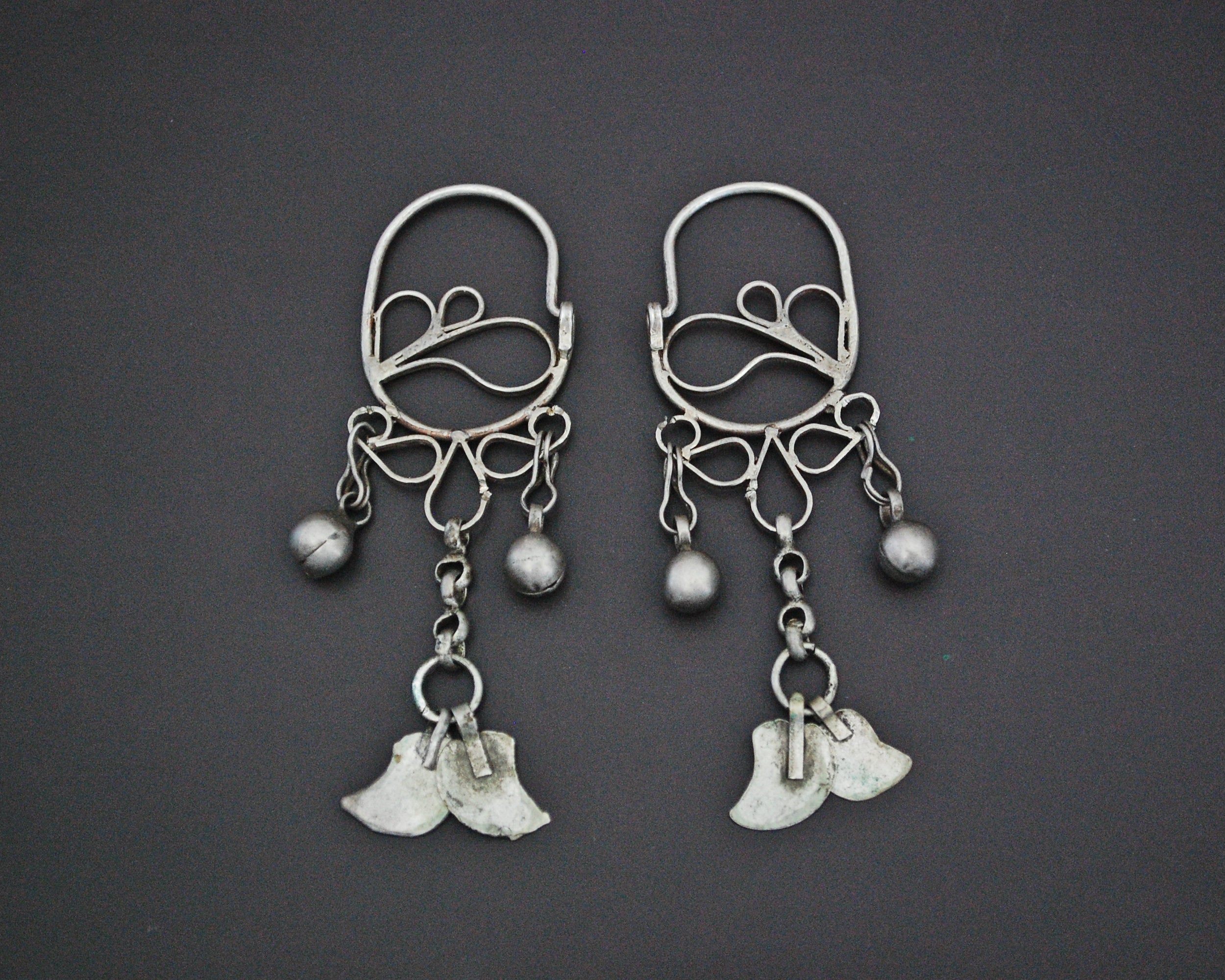 Uzbek Silver Hoop Earrings with Tassels and Bells