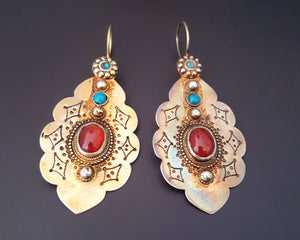 Gilded Turkmen Earrings with Carnelian and Turquoise