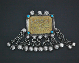 Antique Afghani Silver and Gilded Pendant with Bell Tassels