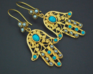Gilded Hamsa Earrings Pearl and Turquoise