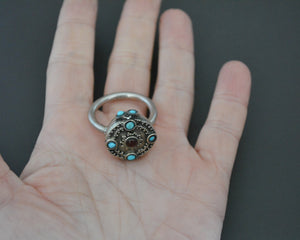 Central Asian Turquoise Garnet Silver Ring - Size 8