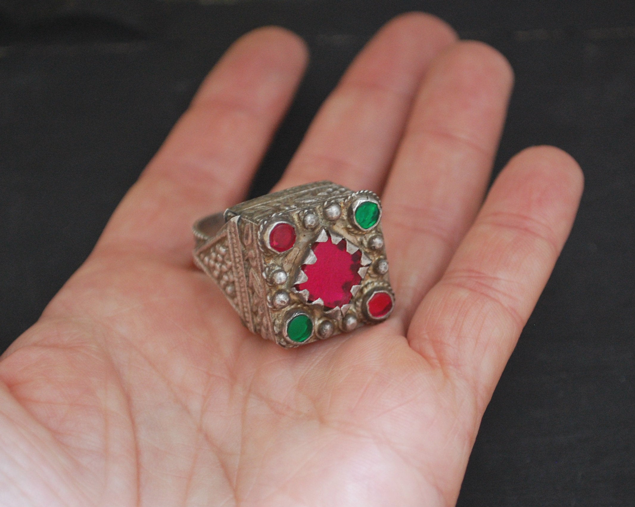 Pashtun Silver Ring with Red Glass - Size 9