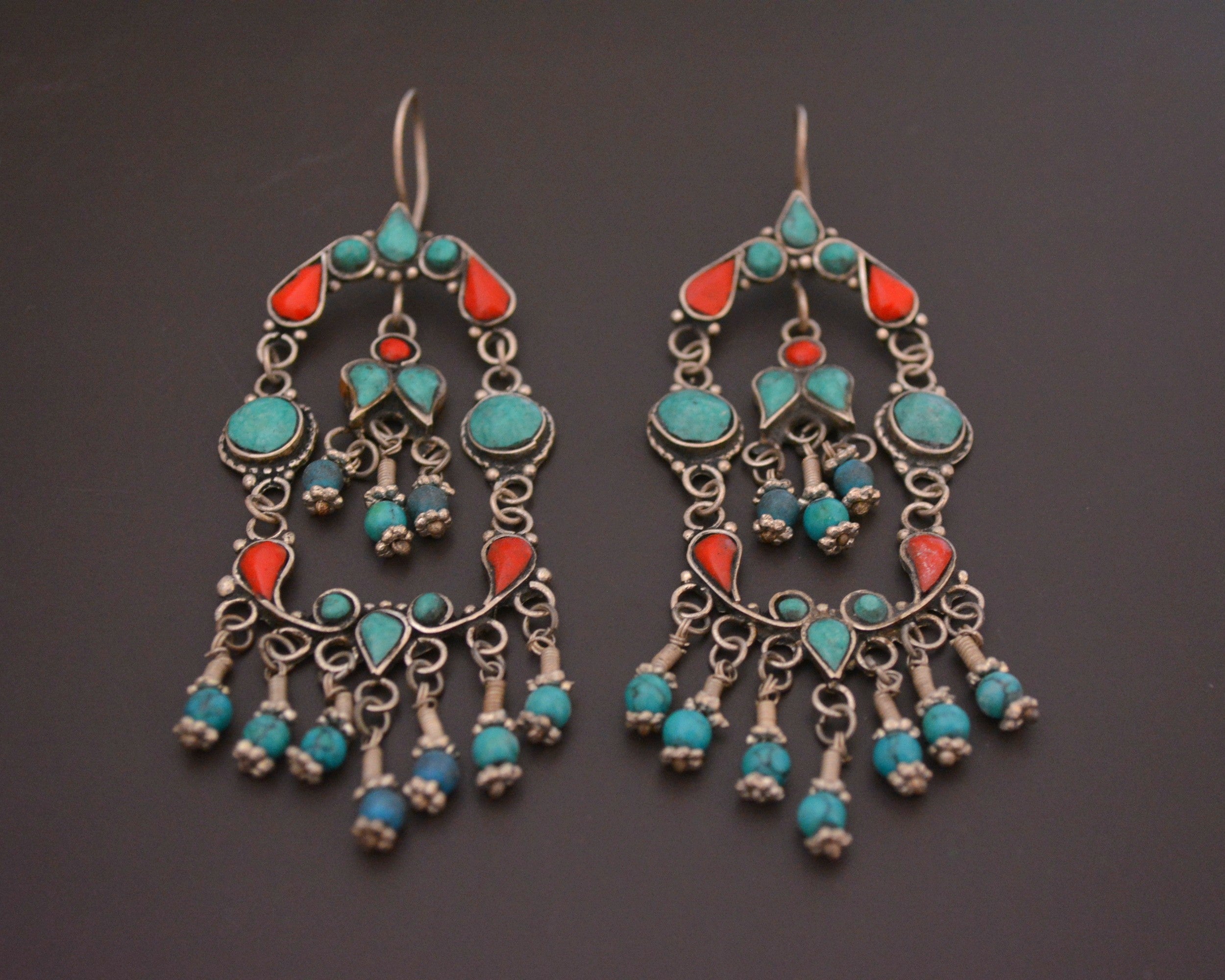 Uzbek Silver Turquoise Coral Earrings