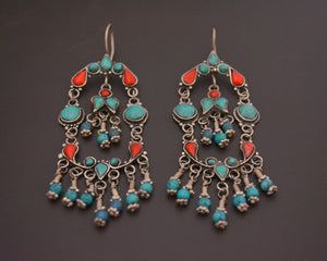 Uzbek Silver Turquoise Coral Earrings