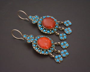Vintage Turkmen Earrings with Carnelian and Turquoise
