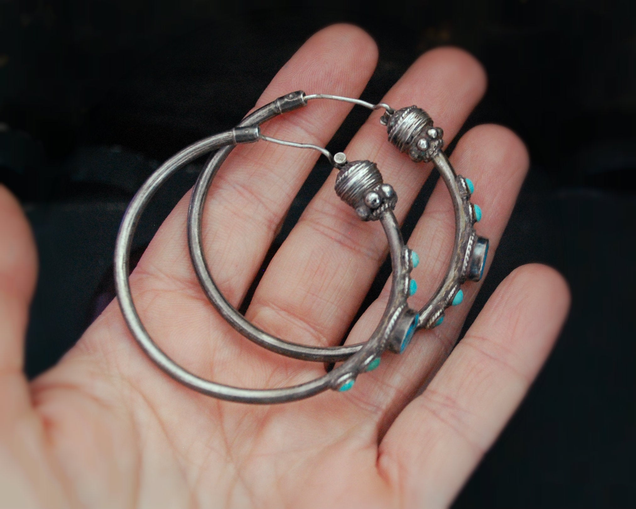 Ethnic Hoop Earrings with Turquoise - LARGE