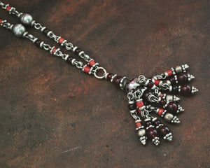 Ethnic Coral Garnet Silver Necklace from India