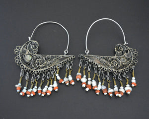 Uzbek Gilded Bird Earrings with Turquoise, Coral and Pearls