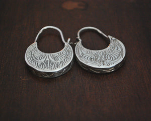 Ethnic Sterling Silver Carved Hoop Earrings