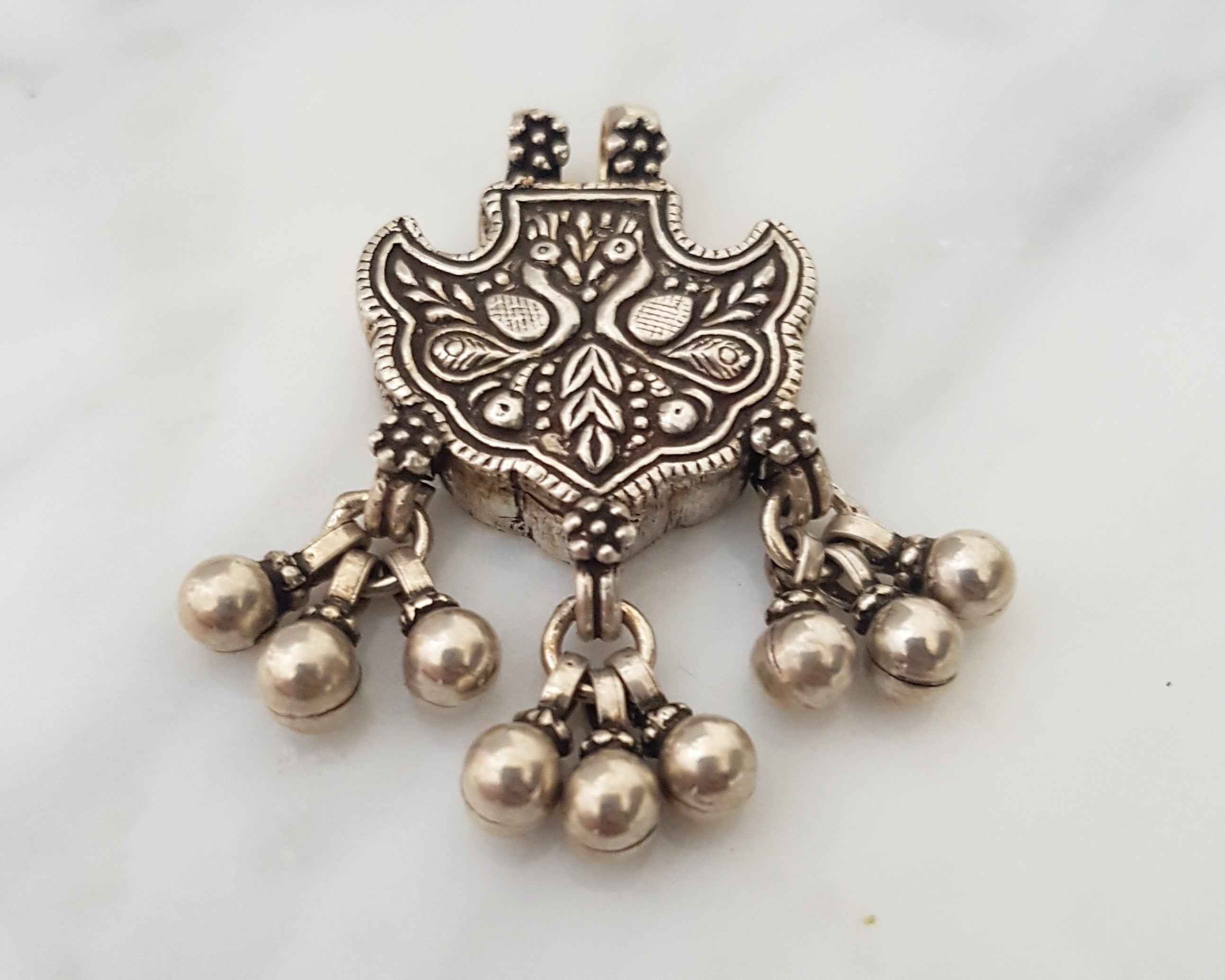 Rajasthani Silver Peacock Pendant with Bells
