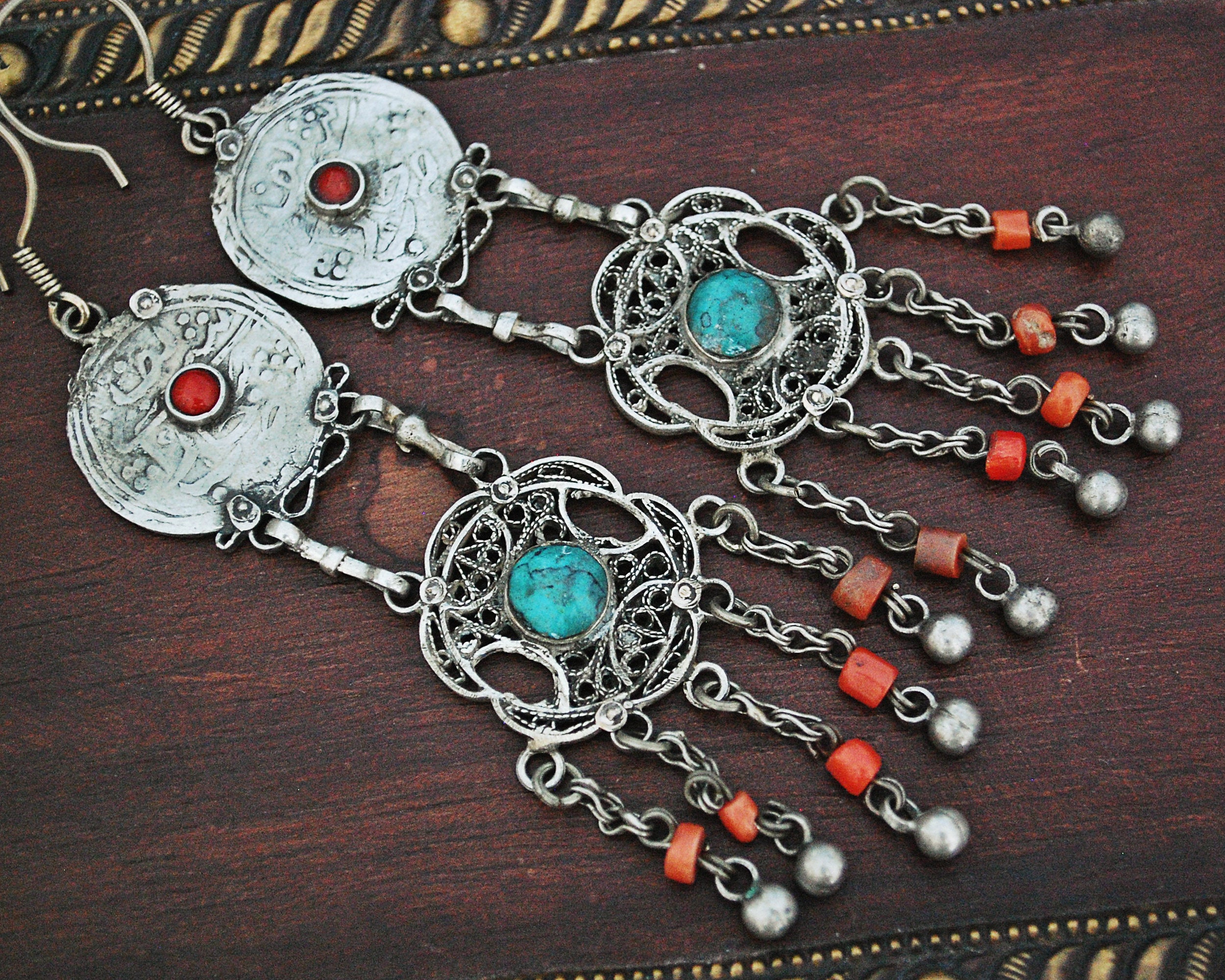 Long Uzbek Coral Turquoise Filigree Earrings
