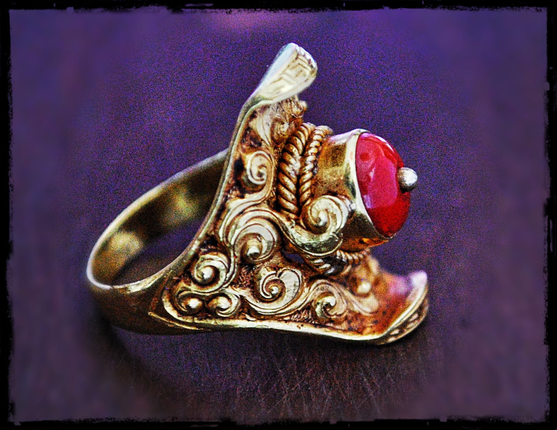 Tibetan 18Kt Gold Coral Saddle Ring - Size 8