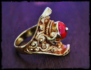 Tibetan 18Kt Gold Coral Saddle Ring - Size 8