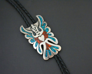 Thunderbird Turquoise Coral Inlay Bolo Tie - Signed
