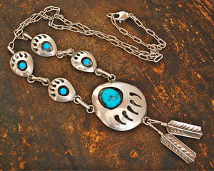 Native American Bear Claw Necklace with Turquoises