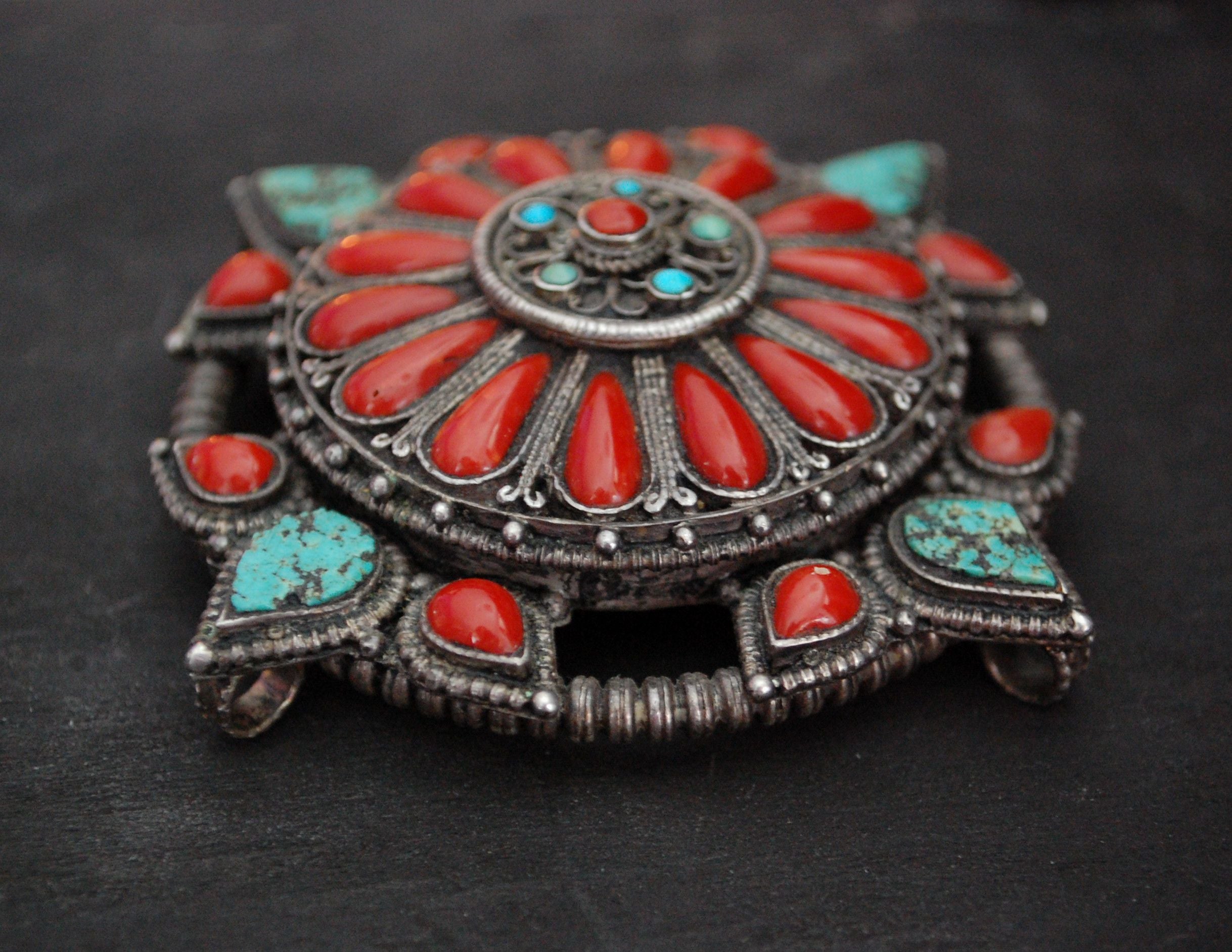 Antique Tibetan Coral and Turquoise Belt Buckle or Pendant