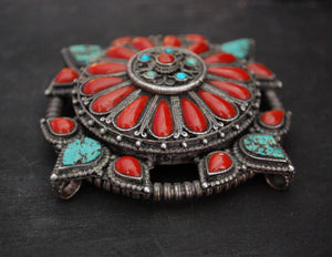 Antique Tibetan Coral and Turquoise Belt Buckle or Pendant