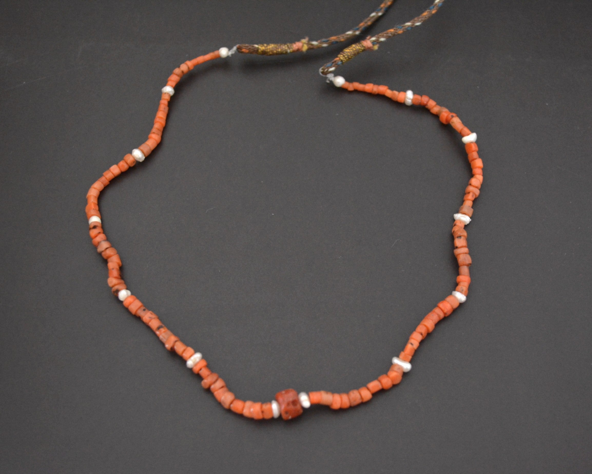 Ethnic Coral Pearl Beads Necklace from India - On Cotton Cord