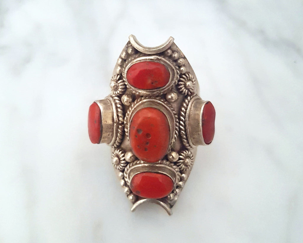 Large Nepali Coral Saddle Ring - Size 10