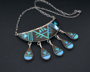 Zuni Onyx Opal Crescent Necklace with Dangles
