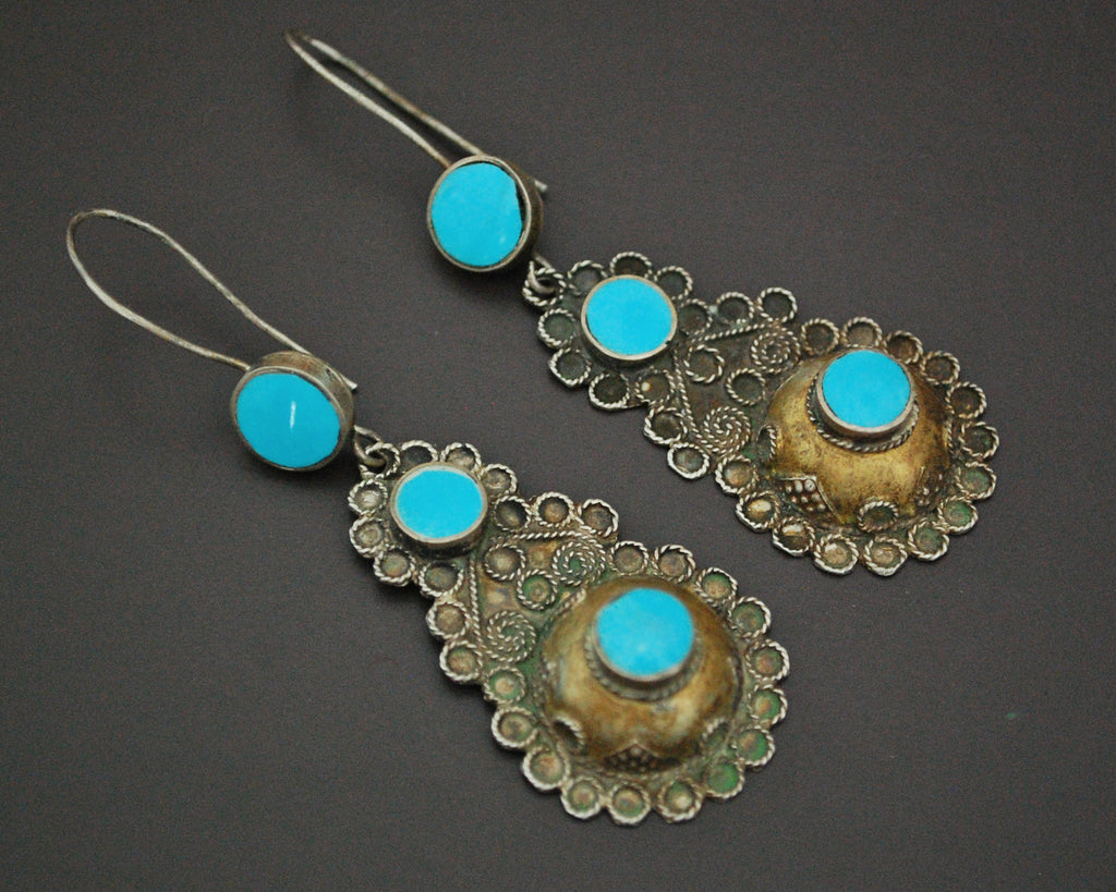 Afghani Silver Gilded Earrings with Turquoise