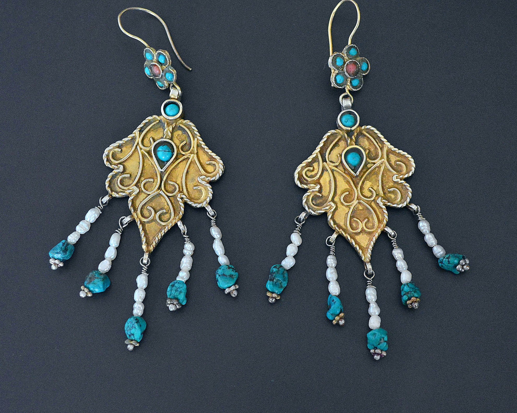 Long Gilded Uzbek Turquoise Pearl Earrings