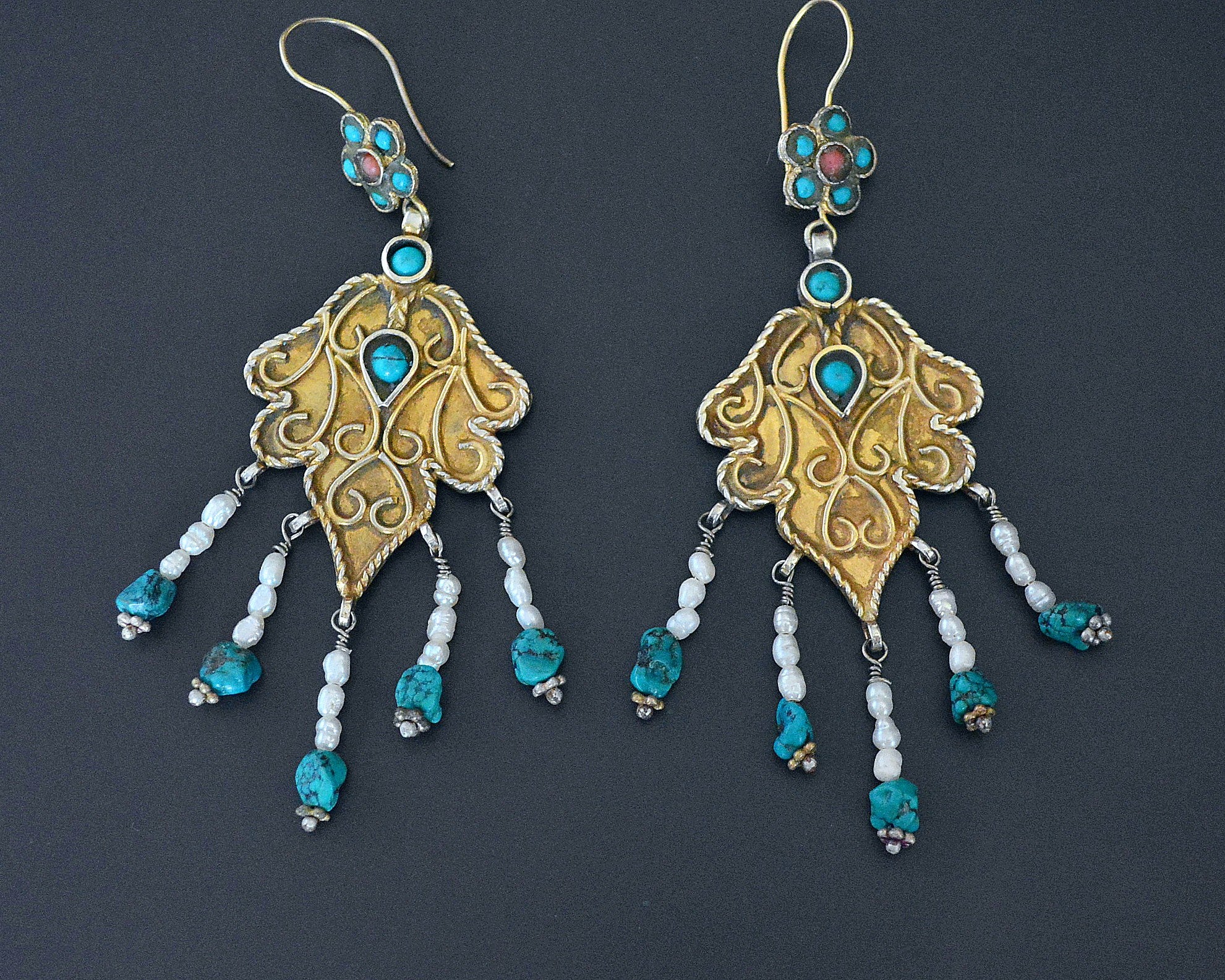 Long Gilded Uzbek Turquoise Pearl Earrings