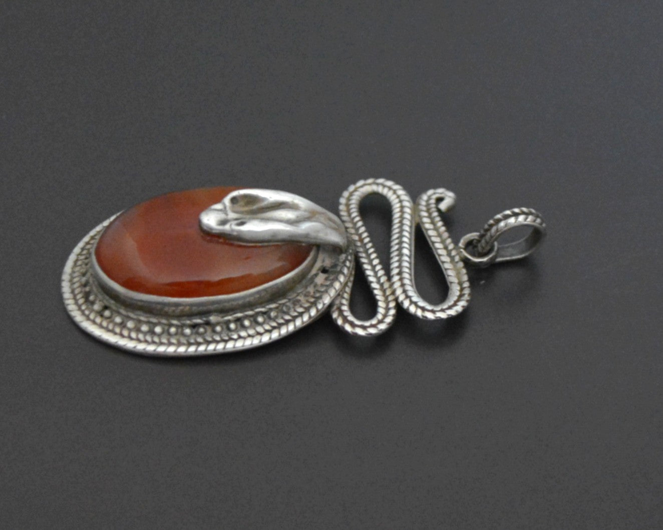 Carnelian and Sterling Silver Snake Pendant