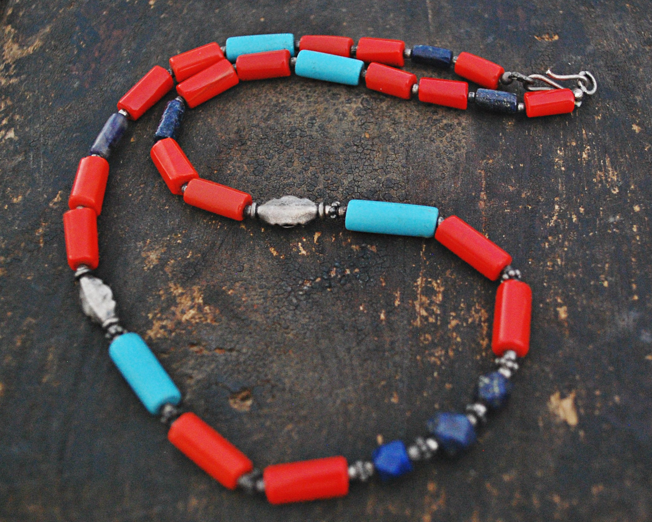 Ethnic Coral, Turquoise and Lapis Lazuli Silver Beads Necklace from India