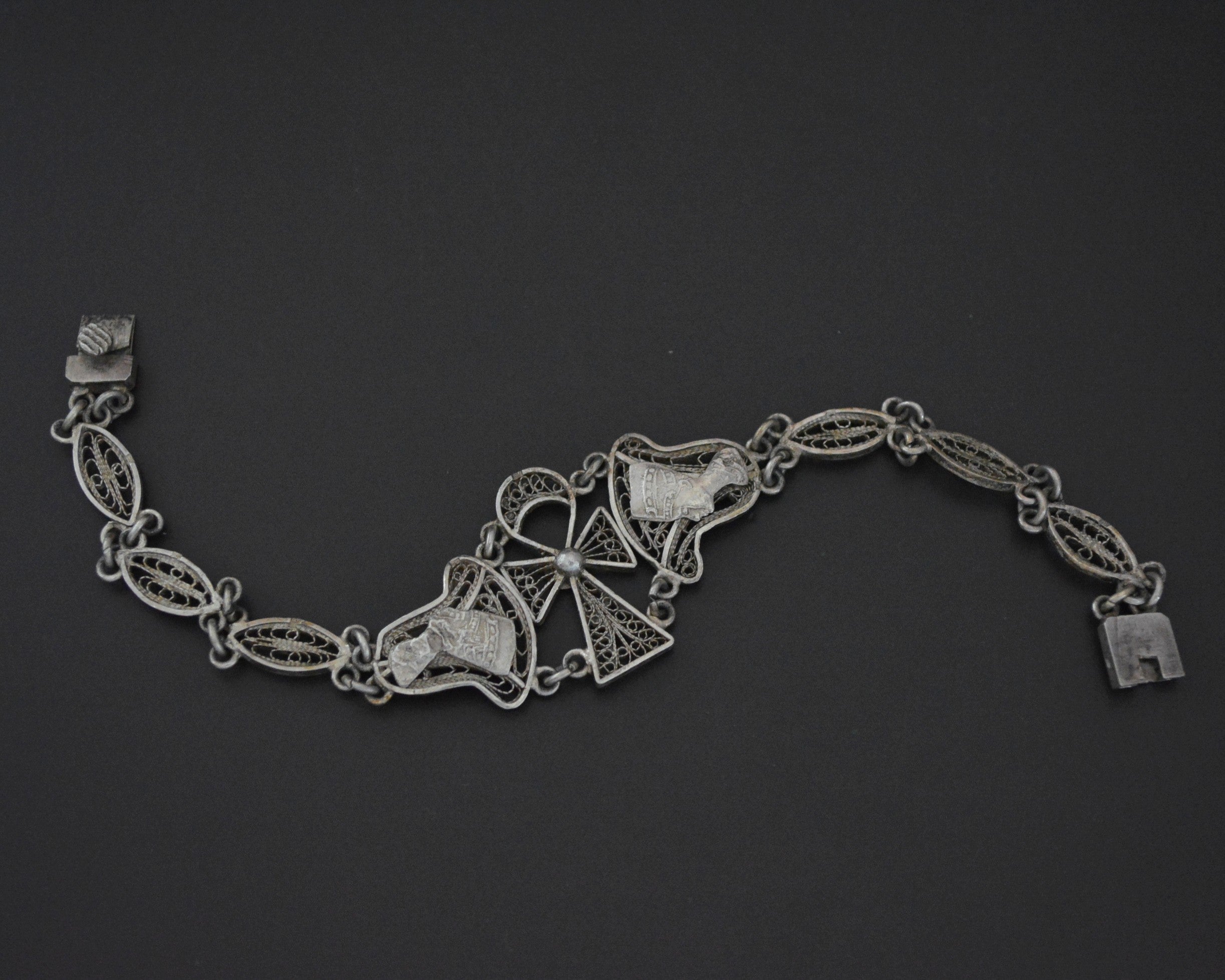 Egyptian Ankh Nefertiti Filigree Link Bracelet