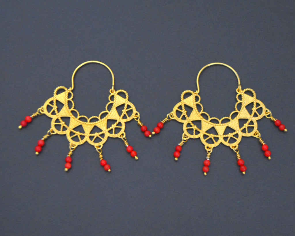Gilded Filigree Coral Hoop Earrings - Gilded over Sterling