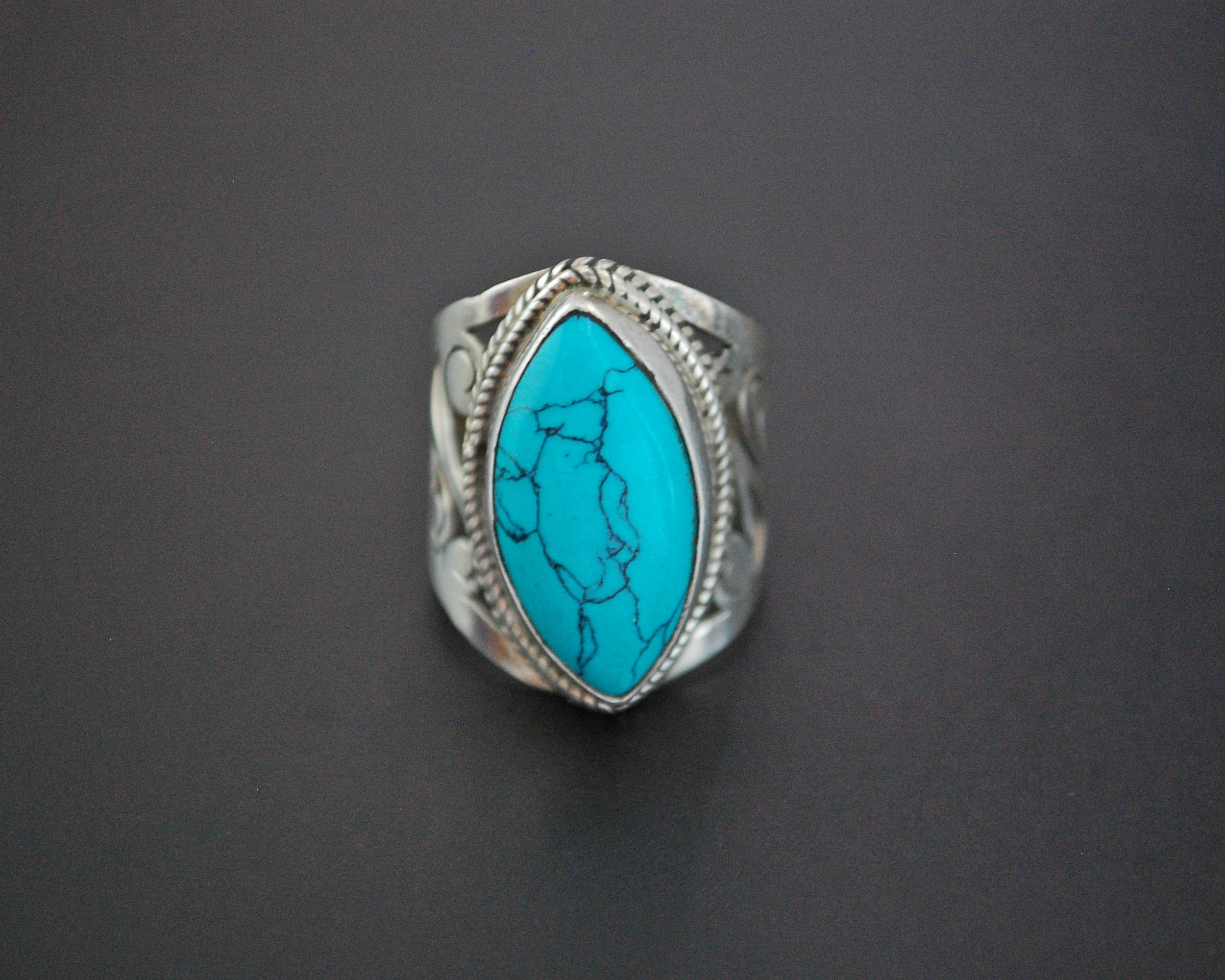 Ethnic Turquoise Ring with Openwork - Size 6