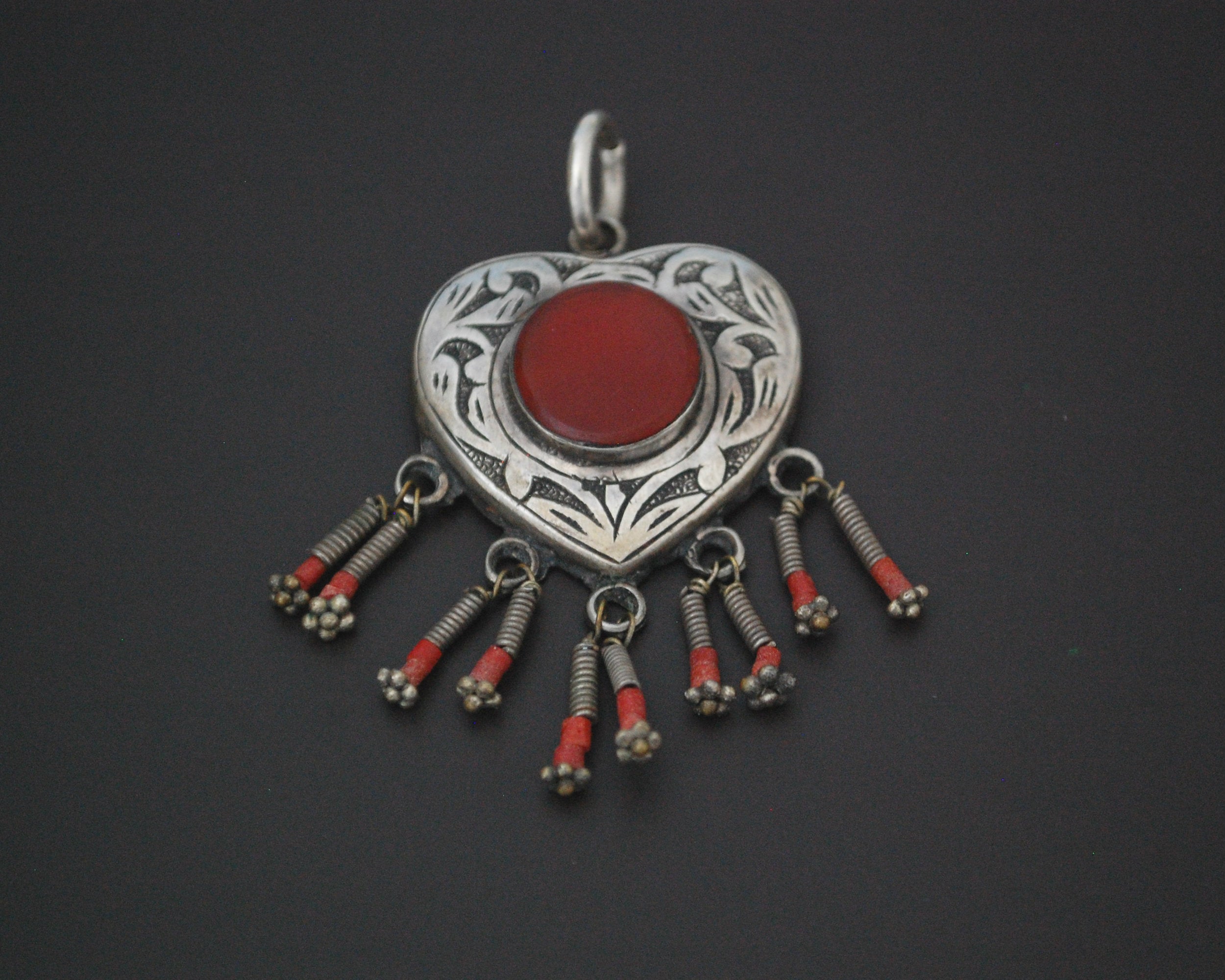 Turkmen Carnelian Heart Shaped Pendant with Coral Dangles